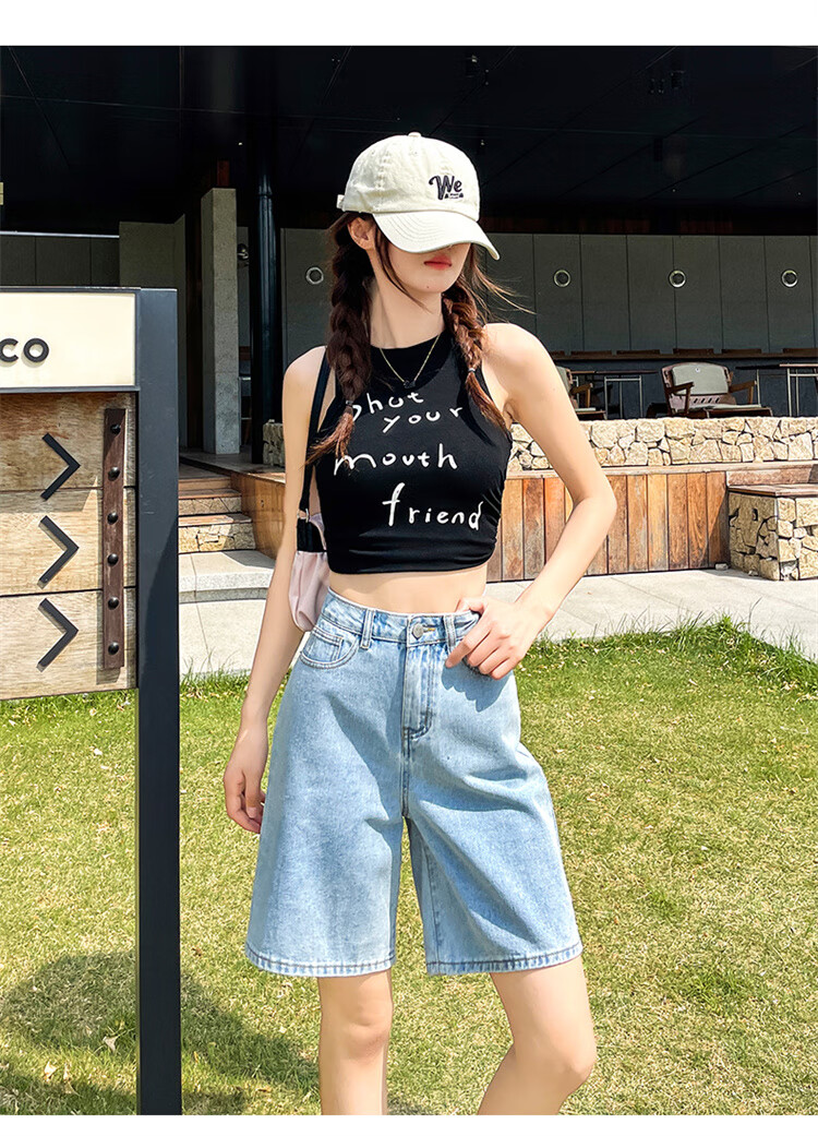 Jeanswest Women's High-Waist Five-Point Summer Loose Straight-Leg A-Line Petite Mid-Length Denim Shorts Dark Blue 25 18