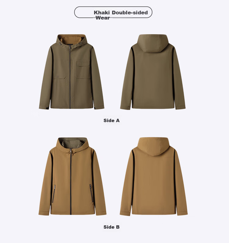 FIRS Double-Sided Hooded Jacket for Men, Spring And Autumn Zipper Windproof Rain-Resistant Adjustable Outdoor Commuter Coat 24