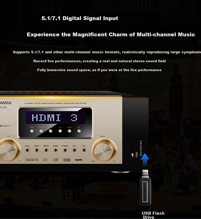 SANSUI DM-30A, 7.1 Audio Amplifier, Speakers, Home Theater 7.1 Channel AV Amplifier, 4K Direct Through, Audiophile-Grade HIFI Sound Quality Smart Speaker Amplifier, High Power 6