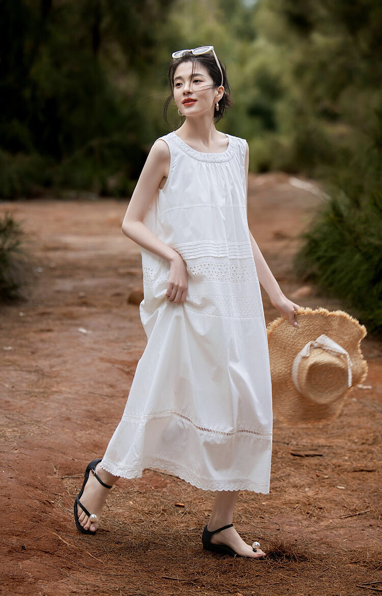 Demana [Yongbai Diao] Summer Lightweight 50s Cotton Poplin Embroidered Patchwork Ruched Tank Pleated Women's Dress 5