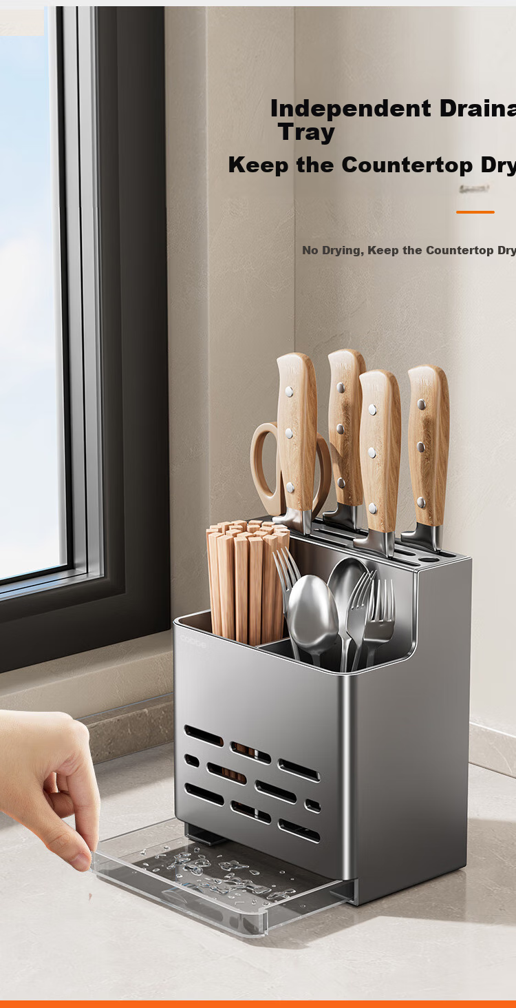 Cobbe Kitchen Knife Holder Wall-Mounted Storage Rack with Chopstick Cage, Multi-Functional Organizer, No Drilling Required, Stainless Steel Chopstick Tube And Knife Holder 11