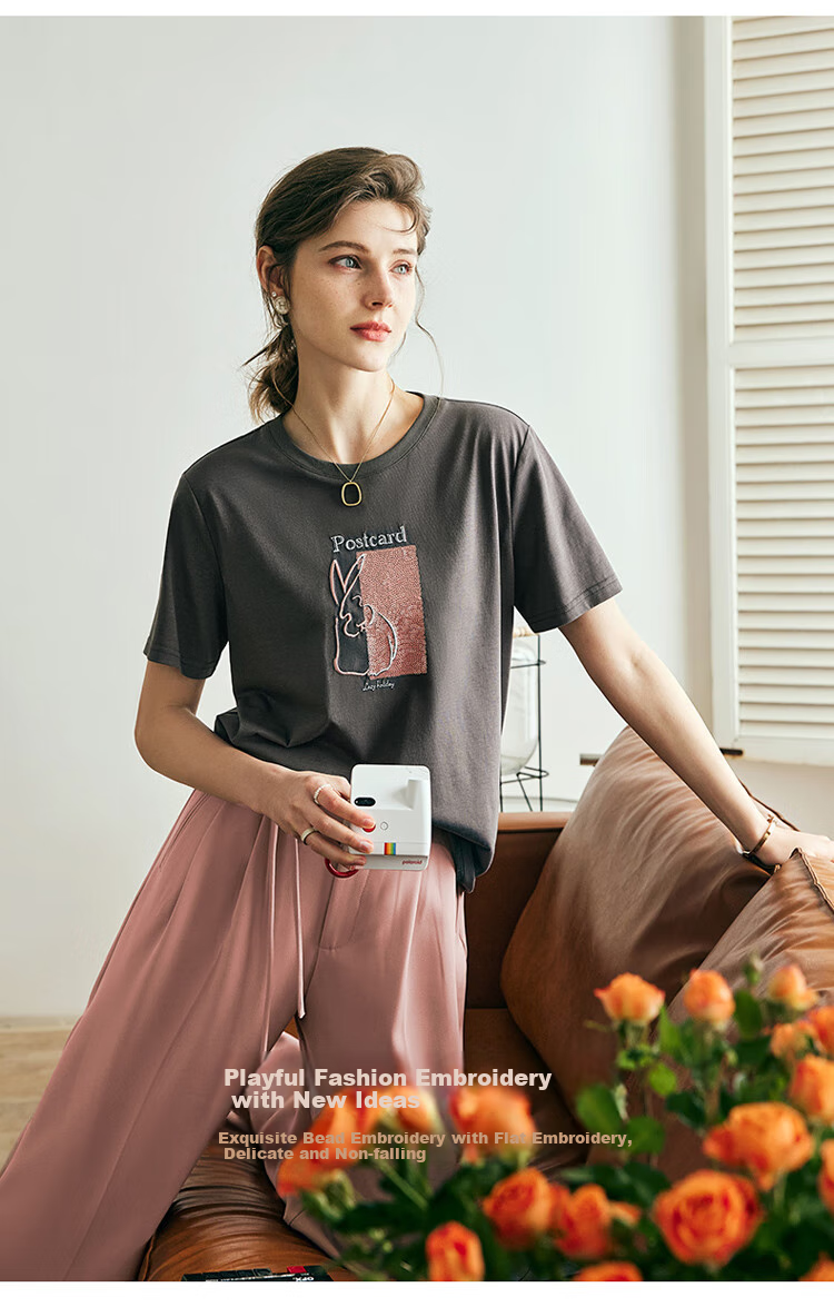 Olrain Women's Short Sleeve T-Shirt Summer New Loose Embroidered Crew Neck Top Dark Gray (New Batch) S 2