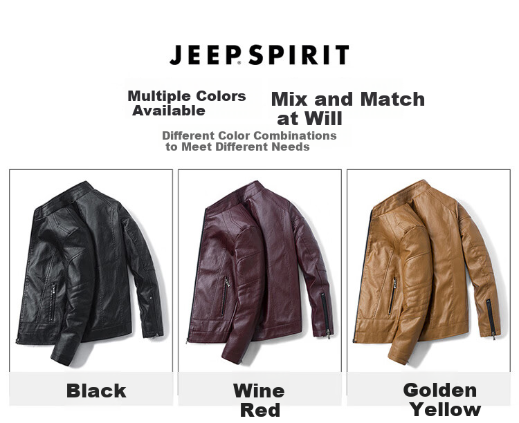 JEEP SPIRIT Men's Leather Jacket, Spring And Autumn Stand-Collar Business Motorcycle Outerwear, Wine Red, Size M 3