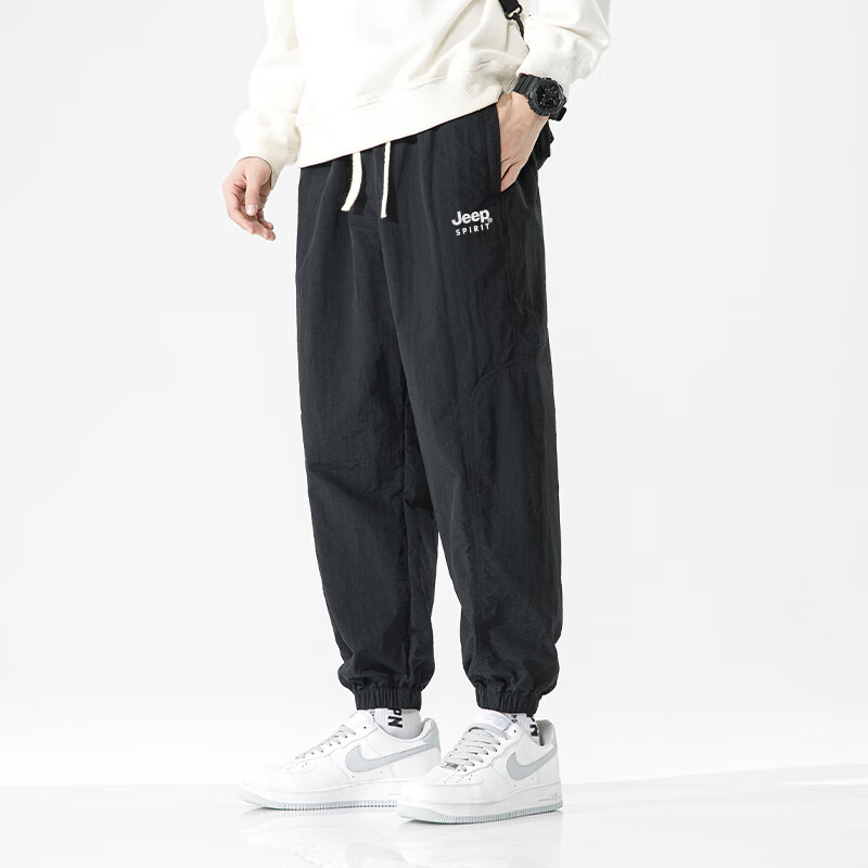 JEEP Men's Summer Casual Pants Ice Silk Loose Fit 2025 New Quick-Dry Trendy Sports Pants Carbon Black L