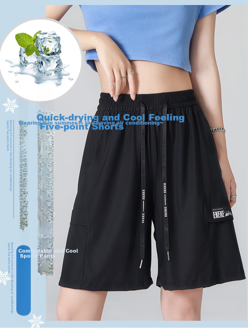XUEXIMAN Women's Sports Shorts, Summer Lightweight Loose Straight-Leg Cargo Shorts, High-Waist Quick-Dry Wide-Leg Black Mid-Length Shorts 1
