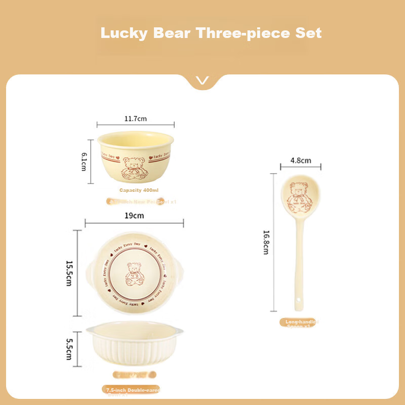 CERAMICS Cute Cartoon Lucky Bear Ceramic Tableware Set, 3 Pieces, for Home Use, Single Serving, Underglaze Color Bowls And Plates, Complete Set