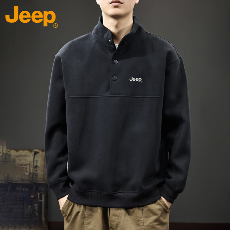 JEEP Men's Sweatshirt, Spring And Autumn Heavy Embroidery Base Layer, Casual Trendy Top for Men, Black, 2XL