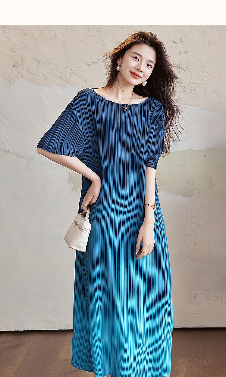 Demana "Flowing Years" Summer Elegant Textured Gradient Print Crinkled Straight-Cut Petite Chic Women's Dress 16