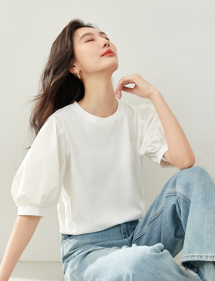 Vimly Elegant Commuter Lantern Sleeve Cotton T-Shirt for Women, New Summer 2026 Loose Short-Sleeve Distinctive Top 18