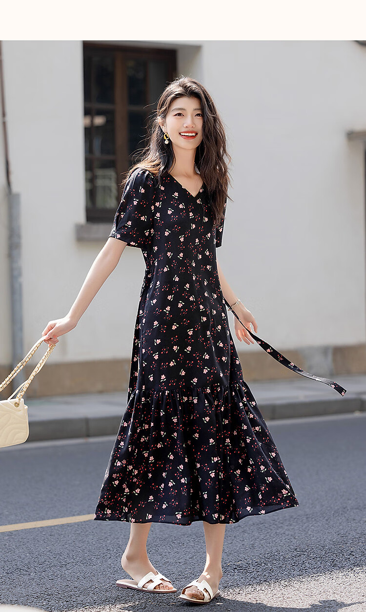 Dme [Jiweini Garden] Summer Sweet Style Round Neck Floral Print Waistless A-Line Dress for Petite Wome 10