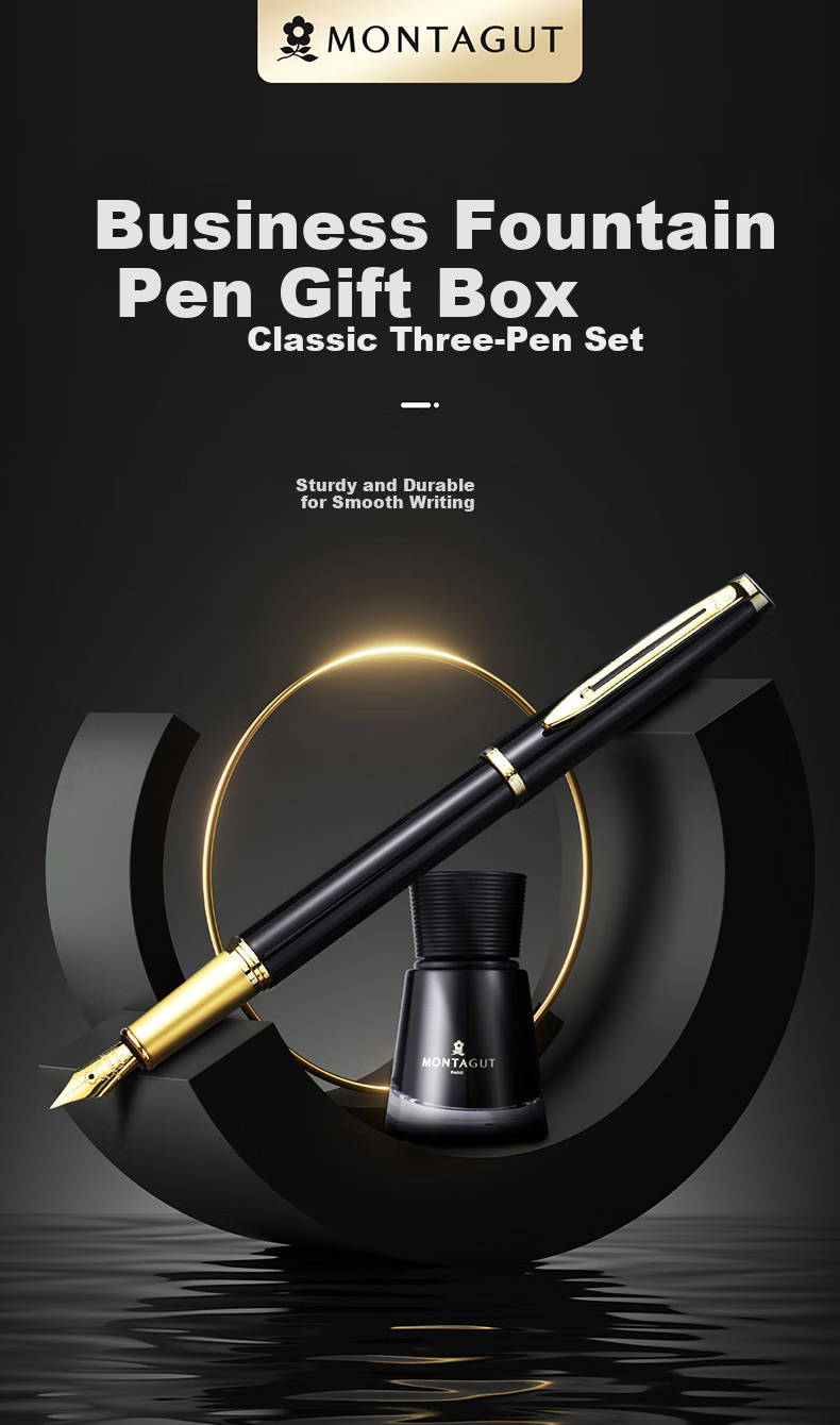 MONTAGUT [Best-Selling Product] Fountain Pen, Signature Pen, Art Pen with Three Nib Heads, Birthday Gift, Exquisite Ink Gift Box Set, Ruizhi Series 2007-1 Black Liya 1