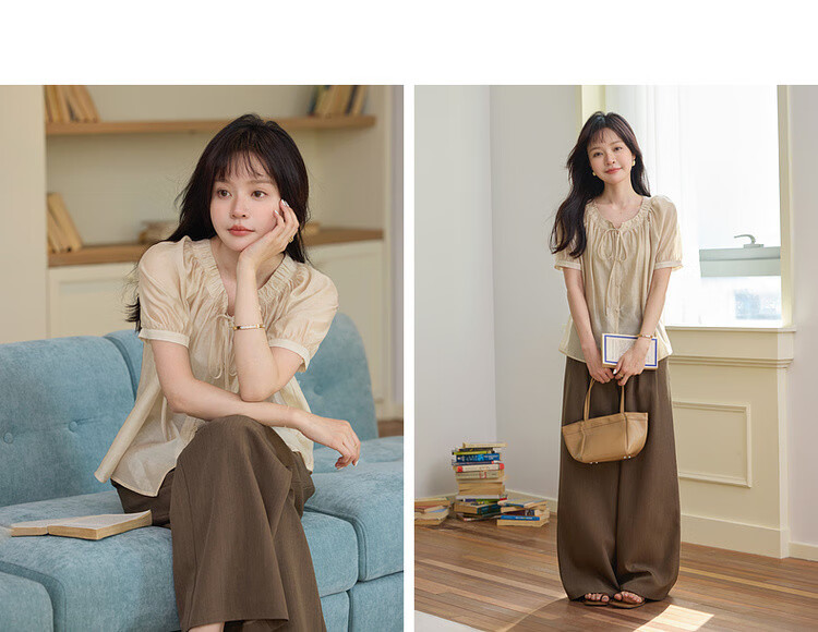 MT "Blazing Peach Blossom" Summer Sweet Style Tencel Polyester Wrinkled Round Neck Lightweight Shirt Women's Top 7