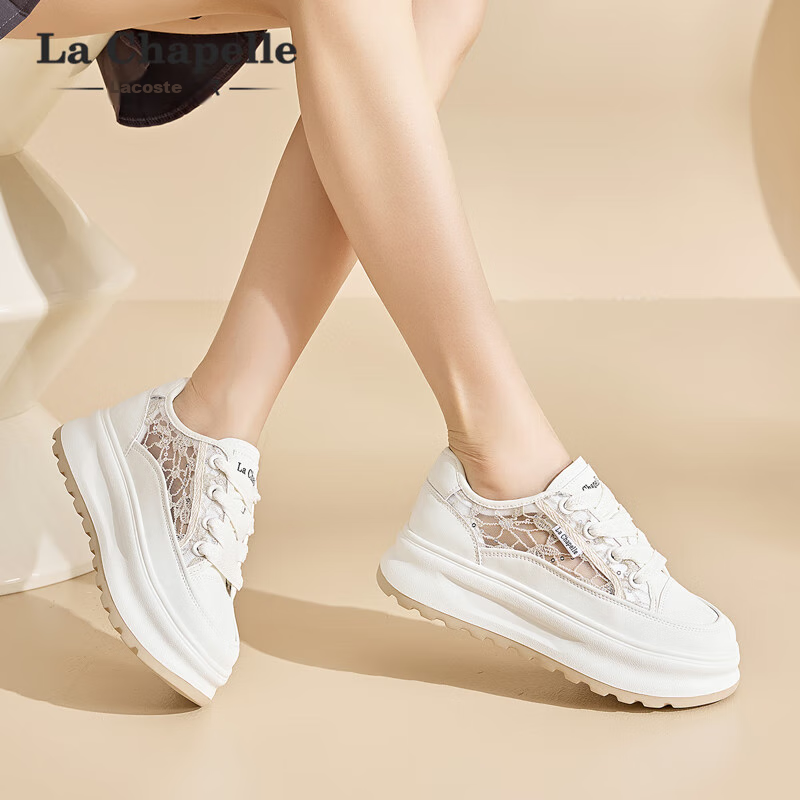 La Chapelle Women's Shoes, Thick-Soled Mesh Breathable Casual Shoes, Low-Top Soft-Bottom Sneakers-FMJ003, White, Size 36