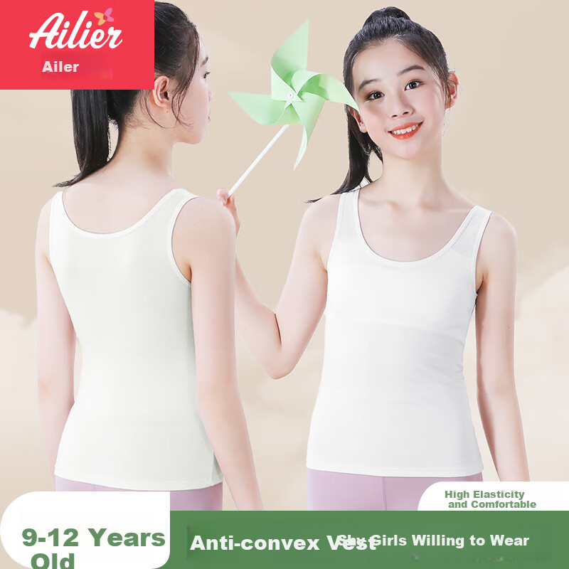Ailier & ouluola Children's Underwear, Girls' Puberty Bra for Ages 9-12, Big Girls' Camisole Undershirt, Long Style for Primary And Secondary School Students, XL Size
