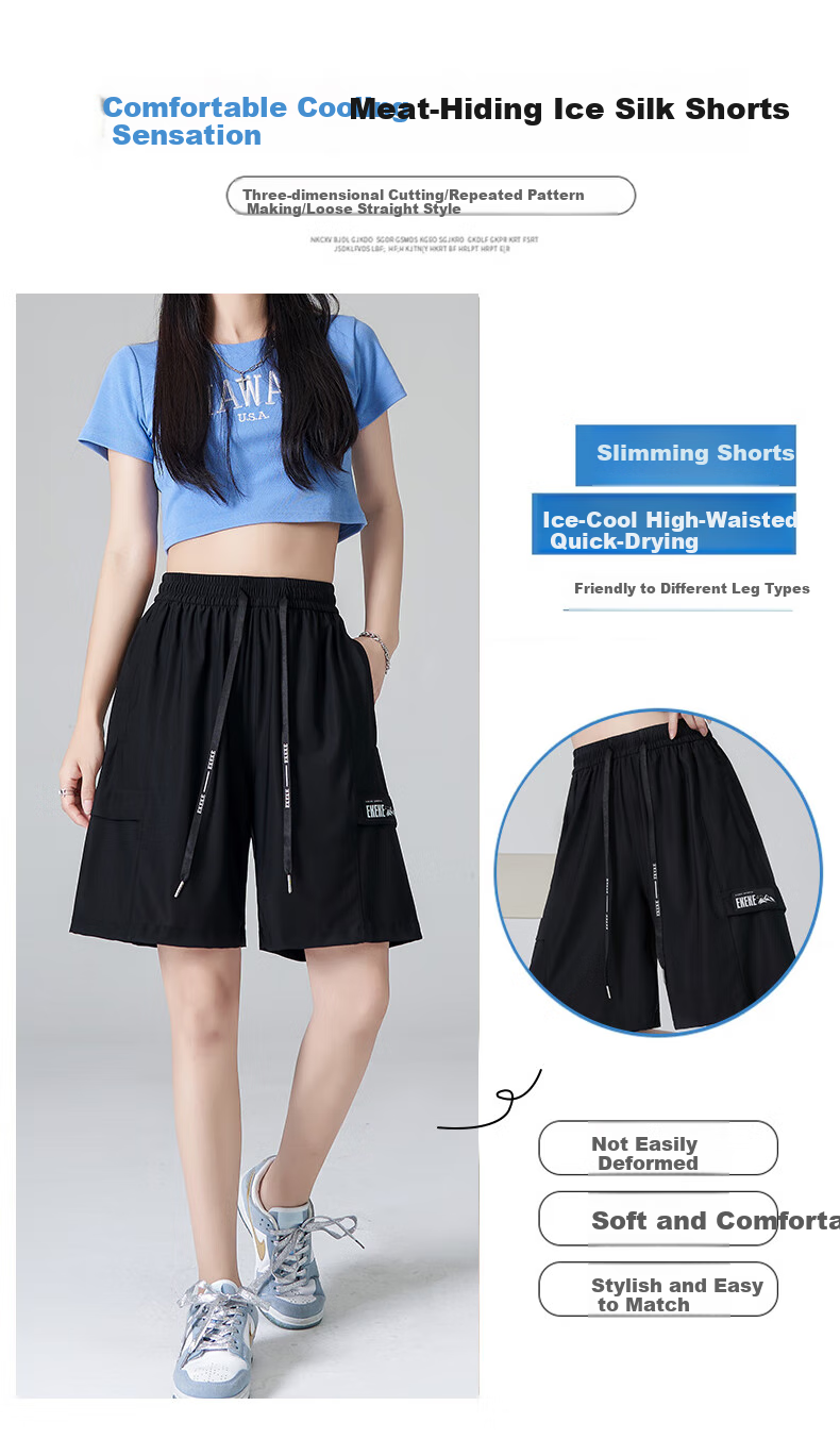 XUEXIMAN Women's Sports Shorts, Summer Lightweight Loose Straight-Leg Cargo Shorts, High-Waist Quick-Dry Wide-Leg Black Mid-Length Shorts 5