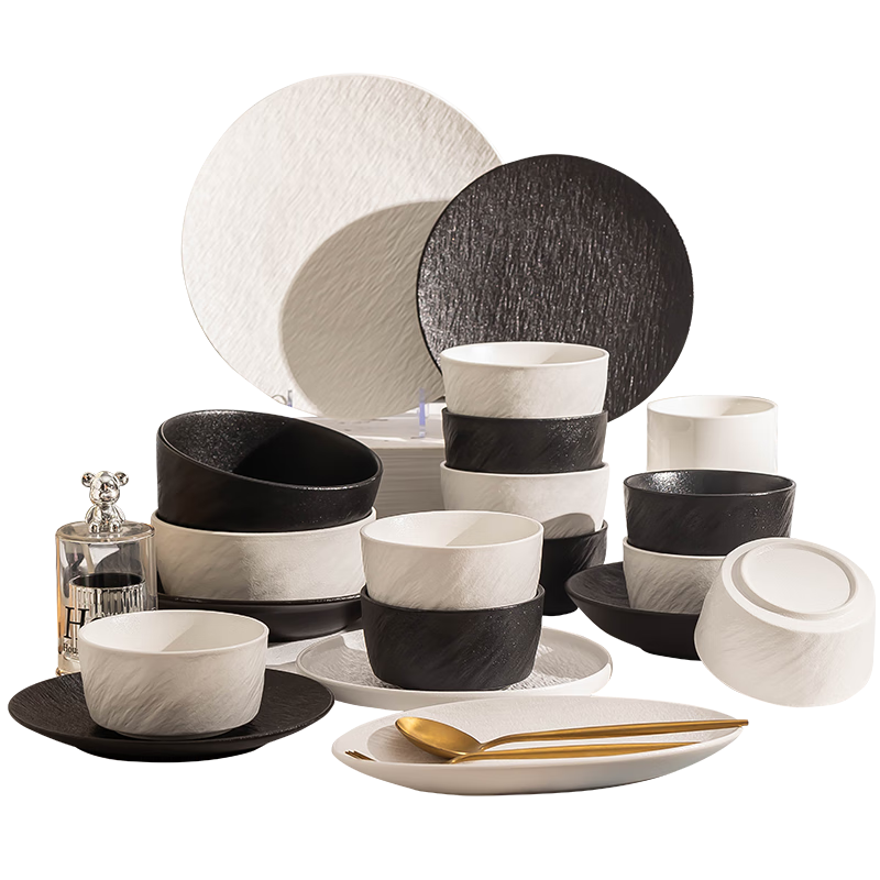 KANGMO 42-Piece Ceramic Tableware Set with Rock Texture, Luxury Home Dining Bowls and Plates, New Arrival Housewarming Gift