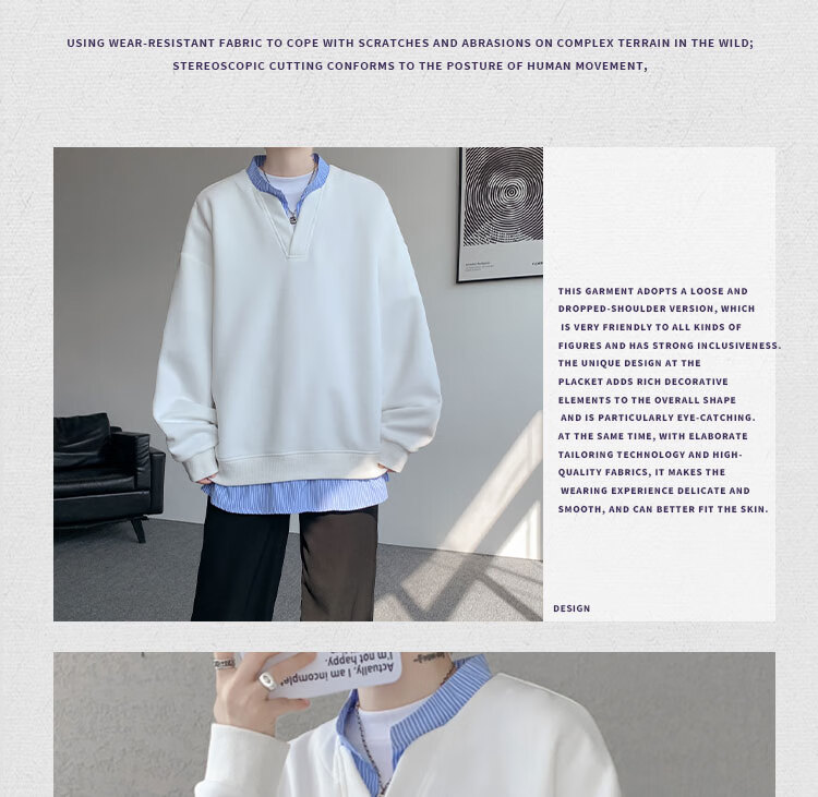 Dingfengbaoluo Sweatshirt, Faux Two-Piece Design, Spring Men's Fashion Casual Loose V-Neck Top, TID02 Black 2XL 6