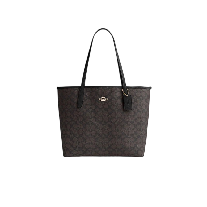 COACH [Brand Direct Supply], Women's CITY33 Large Shoulder Tote Bag, Dark Brown with Black CV976 Gift