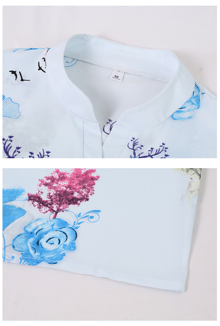 Woodpecker Women's Short Sleeve T-Shirt Casual Floral Shirt Middle-aged and Elderly Mom Loose Elegant Top Summer Blue 2XL 19
