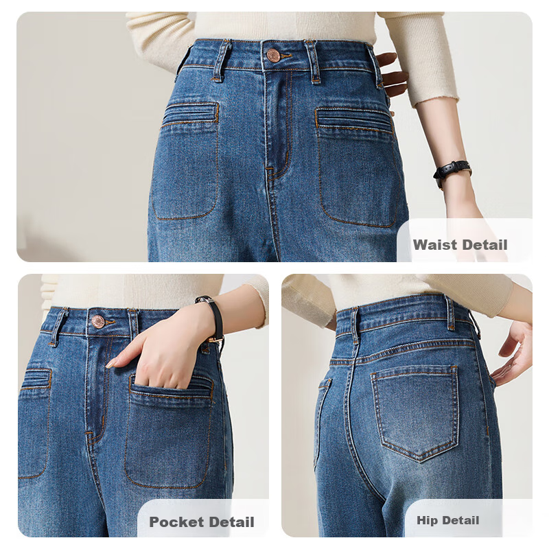 Taxiang High-Waisted Jeans for Women with Pockets, Wide-Leg Pants, Versatile Straight-Leg Trousers, Fashionable Women's Pants, Long Pants T143N1016