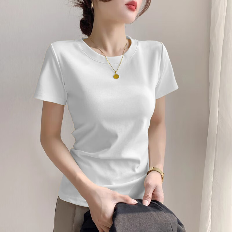 Woodpecker Women's Short Sleeve Shoulder T-Shirt 2026 Summer New Round Neck Solid Cotton Slim Fit Top White L