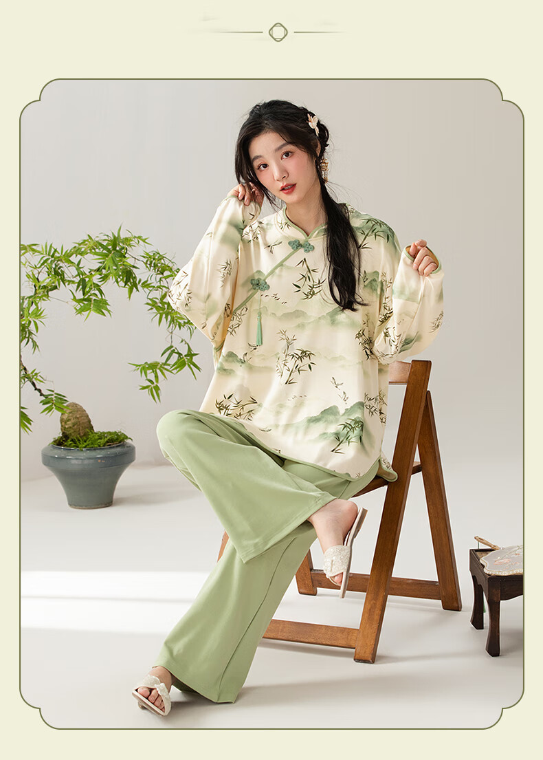Borui Guofeng 100% Cotton Women's Autumn Winter Chinese Style Bamboo Forest Print Round Neck Pullover Pajamas Suitable for Outdoor Wear 12