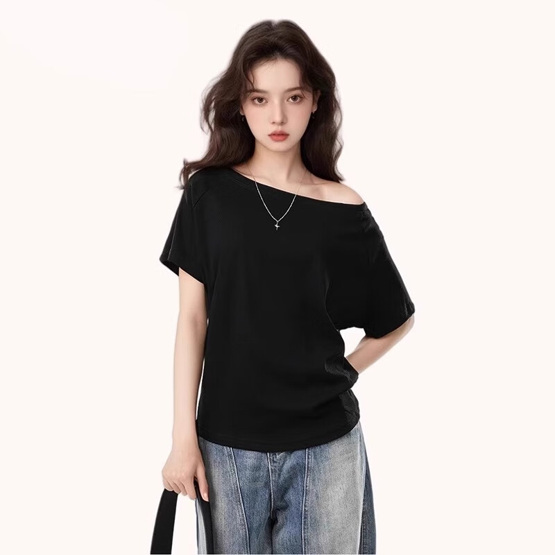 TUCANO Drop-Shoulder Short-Sleeve T-Shirt for Women, 2025 New Summer Style, Off-Shoulder Loose Casual High-End Top, Black, S