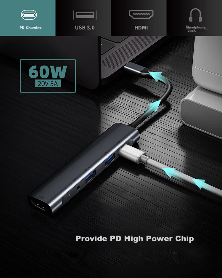 Youlianxing Type-C to HDMI Expansion Dock, Six-In USB-C Hub, 3.5mm Headphone Adapter, 4K Converter, Compatible with Huawei, ZTE Cloud Computers, Laptops, Smartphones, And Tablets 6
