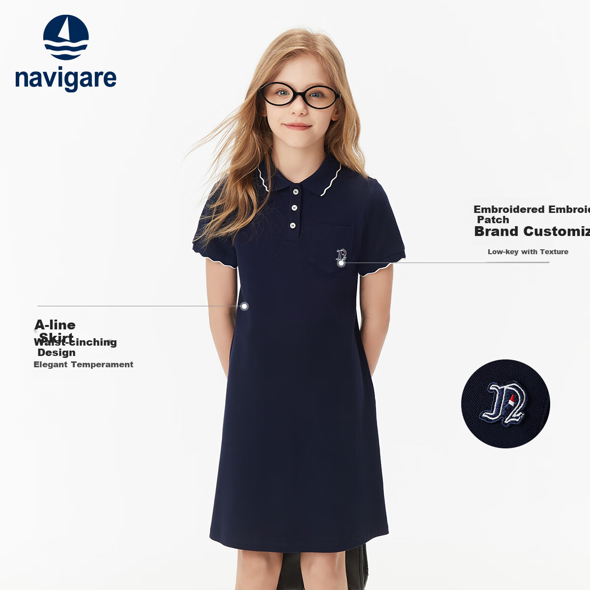 Navigare Girls' Dress, Children's Summer Thin Cool Sports Polo Dress, Casual Style, Navy Blue, Size 120