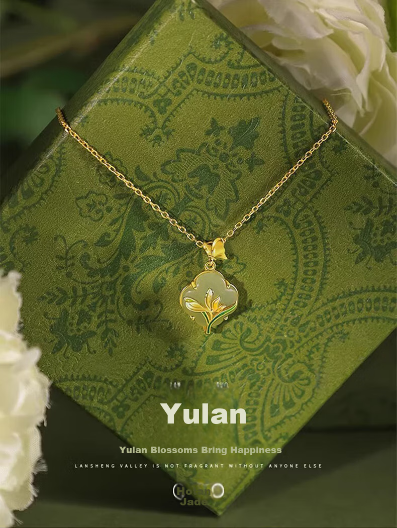 Zhoubaifu Magnolia Necklace for Women, Elegant Hetian Jade Silver Pendant, Birthday Gift for Girlfriend Or Wife 1