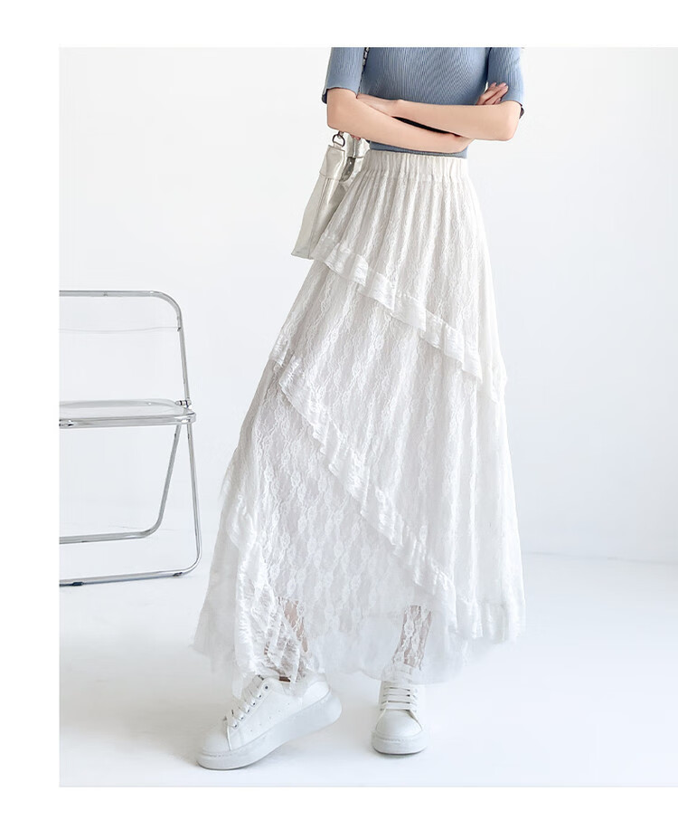 JEANSWEST Women's Autumn High-Waist A-Line Lace Splice Twill Slim Mesh Cake Skirt White M 8