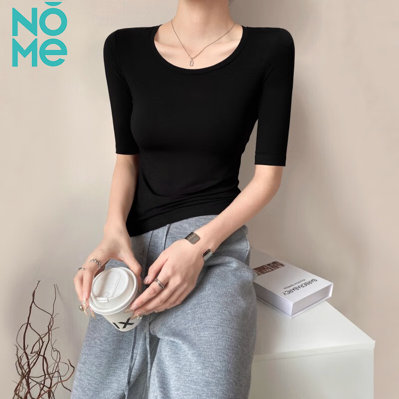 NOME White T-Shirt for Women, Mid-Sleeve Round Neck Summer Modal Undershirt Slim-Fit Solid Color Three-Quarter Sleeve Top Black L