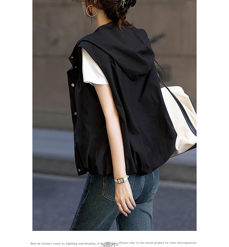 Dme [Minimalist Return] Autumn Simple Style Commuter Hooded Sleeveless Four-Button Casual Jacket Women's Outerwear 12