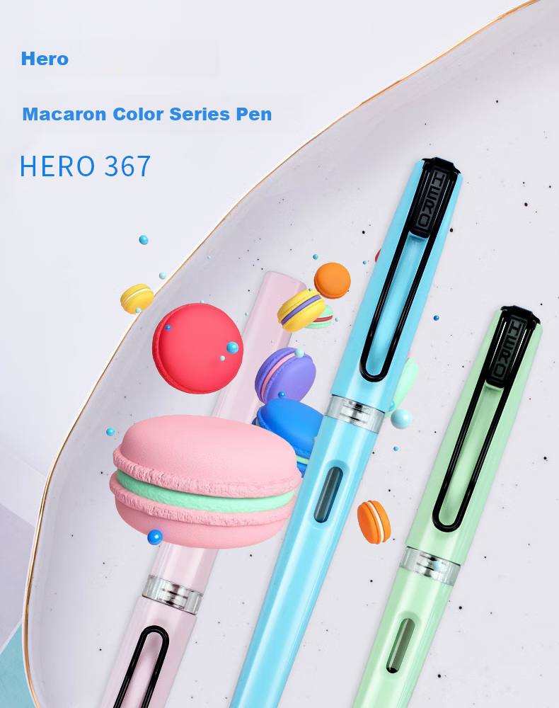 HERO Fountain Pen 367 Macaron Student Fountain Pen for Handwriting Practice And Posture Correction, Iridium Nib (With 6 Extra Ink Cartridges) Pink EF Nib (Nib Tip Color Randomly Selected) 1