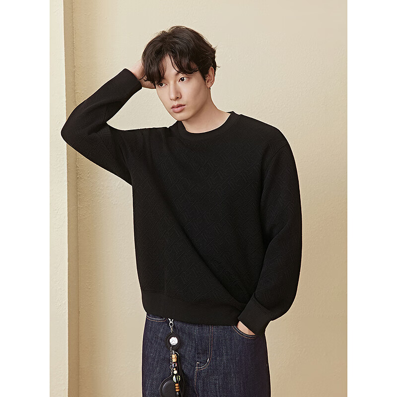 GXG Men's Round Neck Sweatshirt, Two-Tone Textured Jacquard, Long-Sleeve Inner Layer Top, Black, 175/L