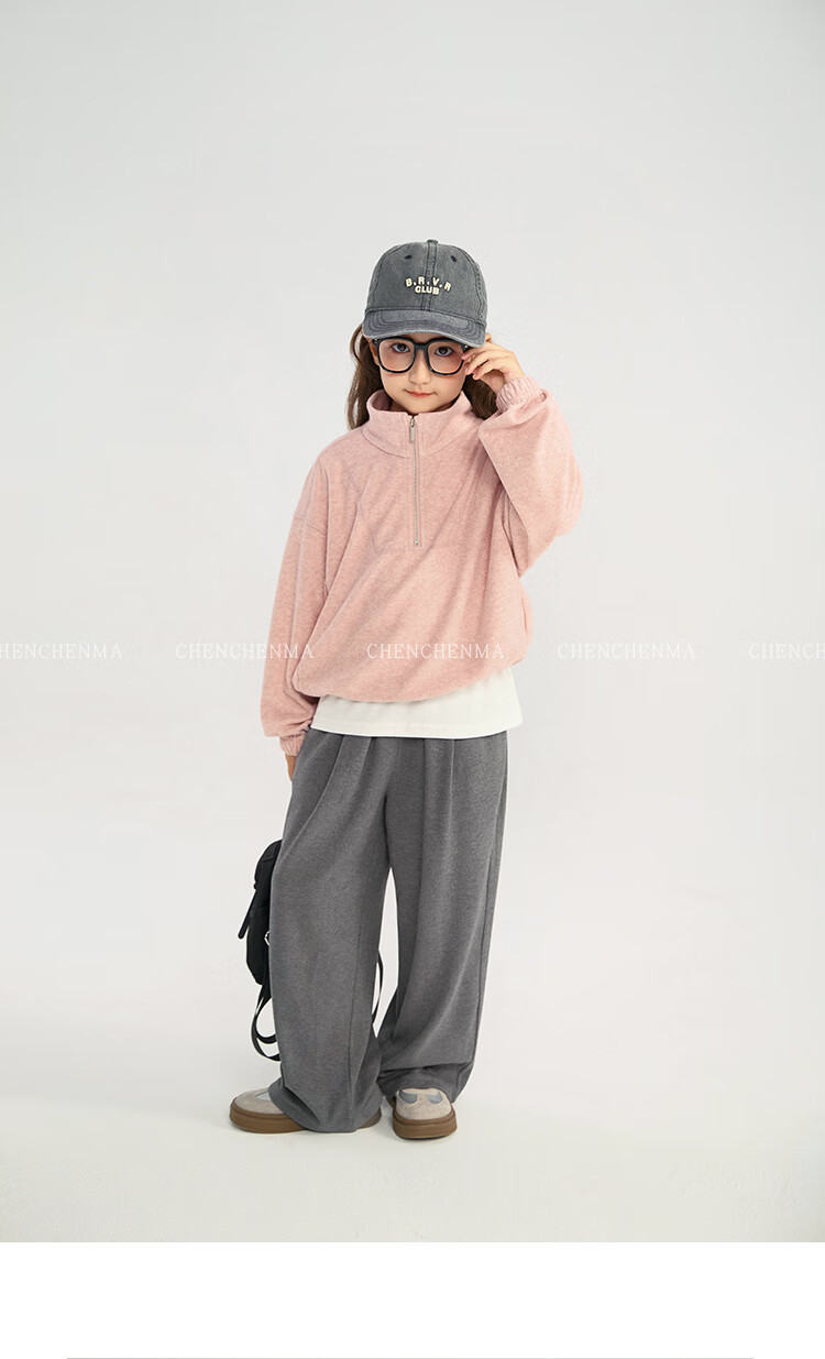 Chenchenma Girls' Semi-Turtleneck Zip-Up Sweatshirt, 2026 Autumn New Style, Loose-Fitting Hem with Drawstring, Trendy Parent-Child Top 15