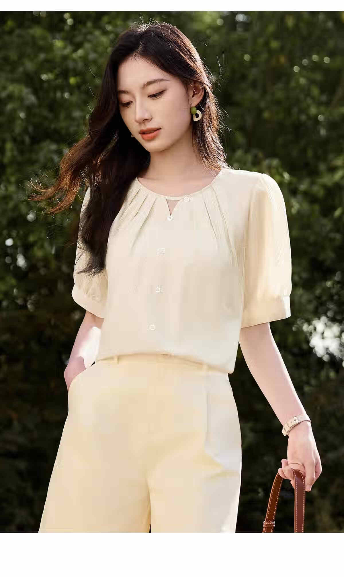 Chushen Summer Women's Short Sleeve Shirt V-Neck Hollow Out Elegant Vacation Style Chiffon Blouse S52X016 21