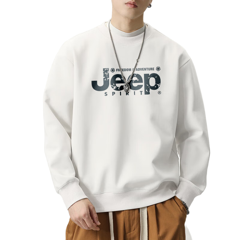 JEEP SPIRIT Men's Autumn Long Sleeve Crewneck Pullover Loose Fashion Printed Casual Sweatshirt White 2XL