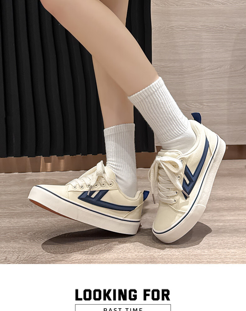 Huili Official Women's Canvas Shoes, 2026 Summer Retro Casual Sneakers, Lightweight White Shoes for Women, Beige Deep Blue, Size 36 11