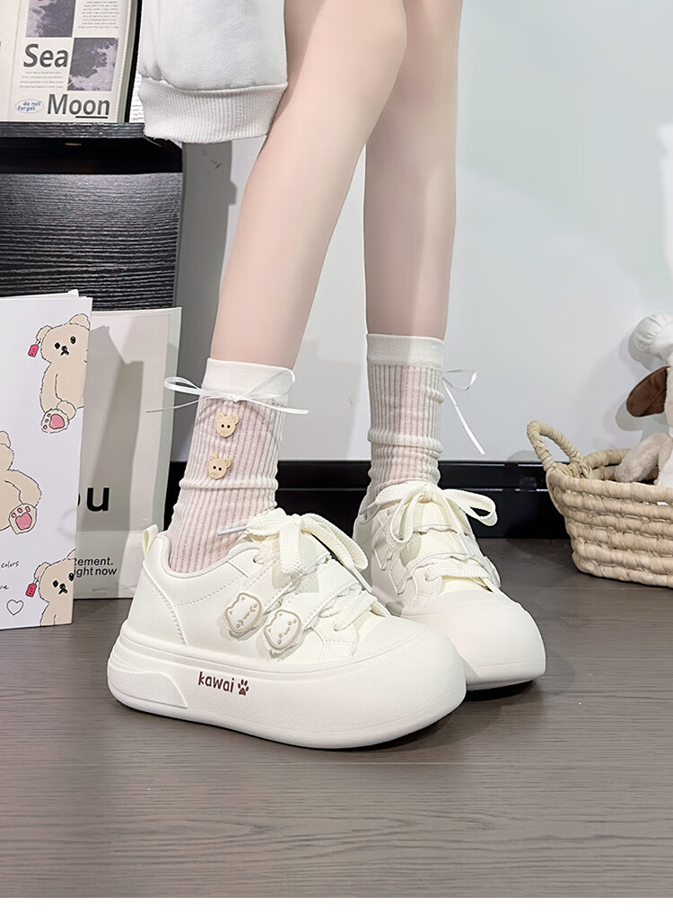RENBEN Cute Velcro White Sneakers for Women, Popular Chunky Shoes, Versatile Canvas Shoes, White (Leather Surface), Size 40 35