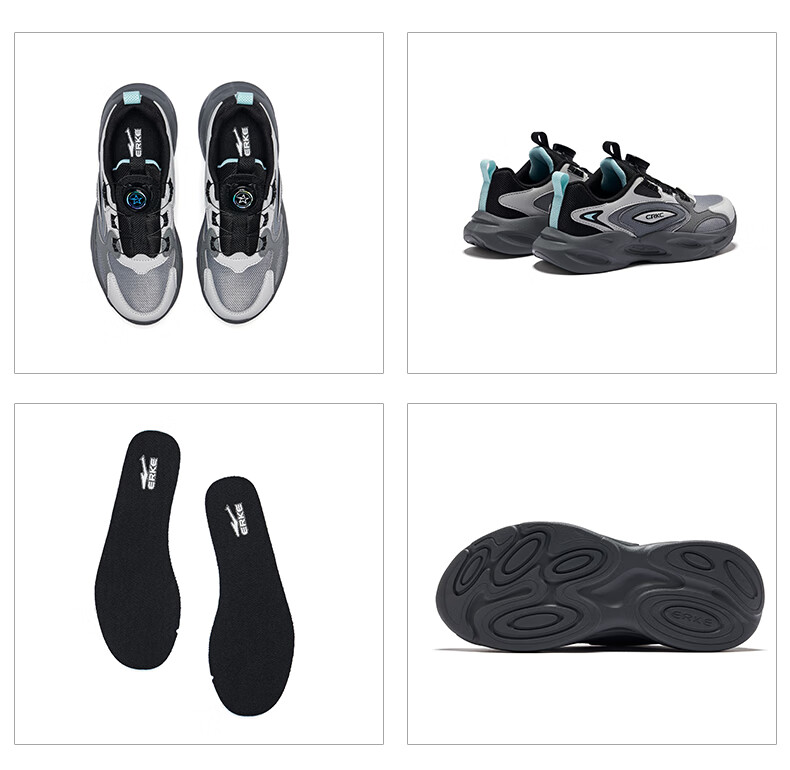 ERKE Kids Boys Girls Sports Shoes Children's Leather Elastic Running Shoes Warm Linen/Black 34 14