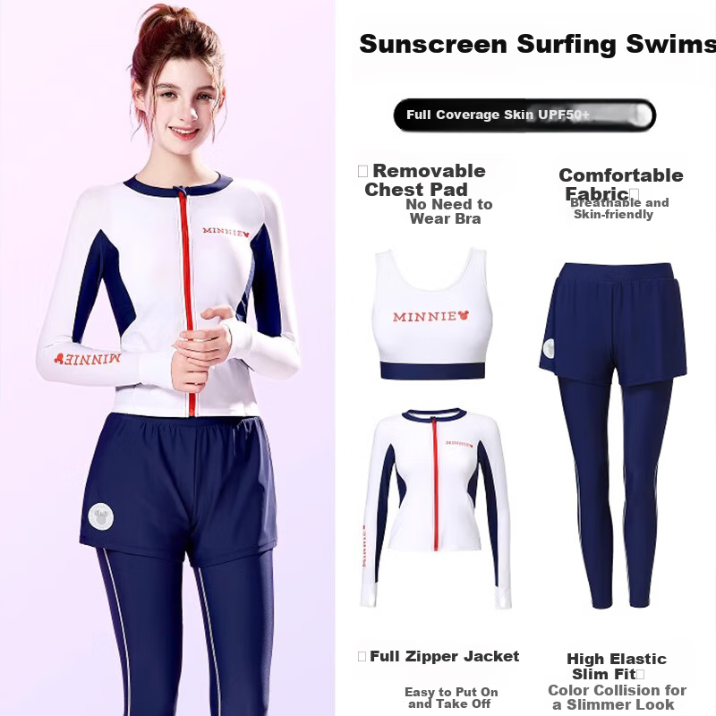 Dishini Women's Swimsuit, Swimming Pool Two-Piece Long-Sleeve And Long Pants, Sun Protection, Hot Spring Swimwear, Three-Piece Set D15077, Navy Blue, Size L