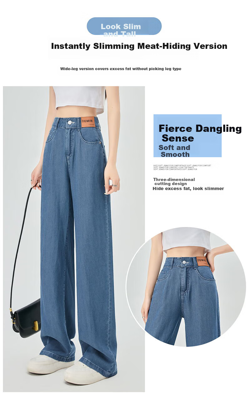 XUEXIMAN Tencel Jeans for Women, Summer Lightweight Slim Straight High-Waist Ice Silk Wide-Leg Pants, Casual Women's Trousers 9