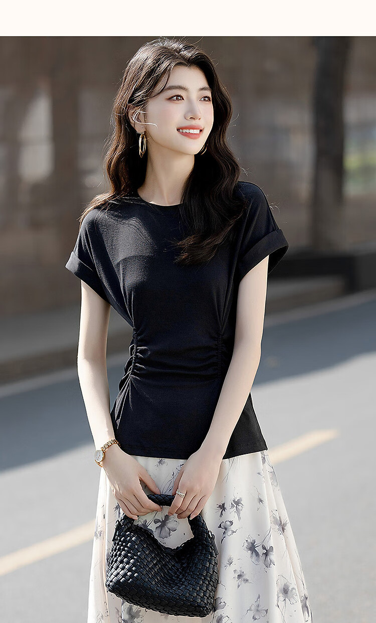 Dme [Containing Naked-Feel Lyocell] Summer Simple Round Neck Pleated Undershirt Short Sleeve Soft Stretch Comfortable Slimming Women's T-Shirt 15