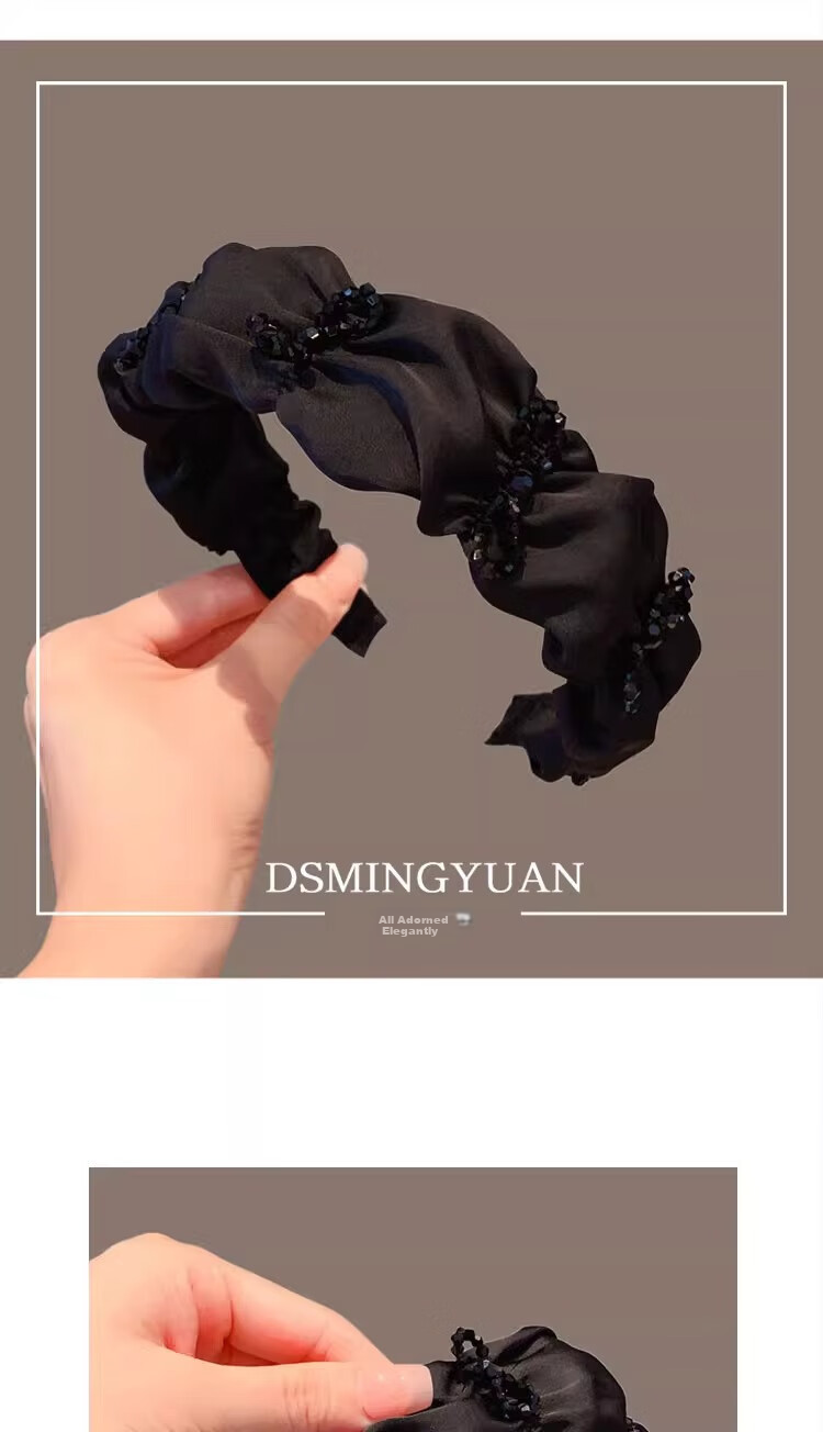 Gunai Elegant Black Wide-Brimmed Pleated Crystal Headband for Women, High Crown Elegant Niche Hair Clip Accessory 1