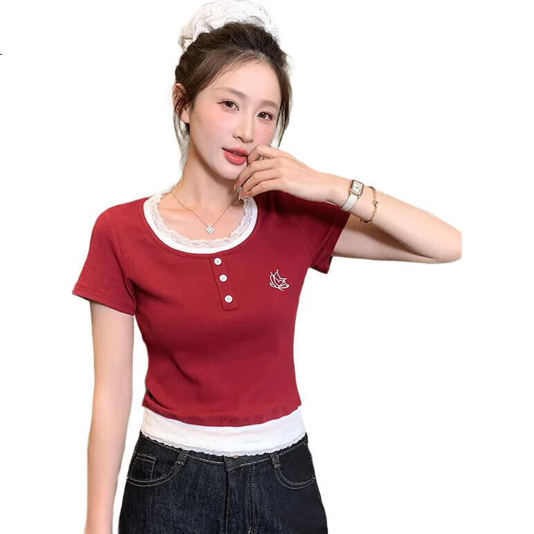 Halo Queen Women's Short-Sleeve T-Shirt, Round Neck, Red And White Contrasting Color Lace Splicing, Slim-Fit Embroidered Bow Waist-Cinching Slimming H52T076