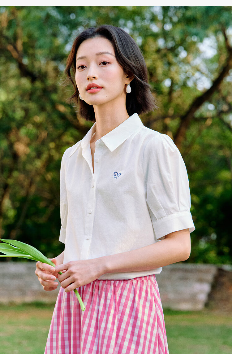 INMAN Commuter Pleated Puff Sleeve Pure Cotton Shirt, Summer Women's Clothing, Turn-Down Collar Embroidered Blouse Top, Light Pink, L 17