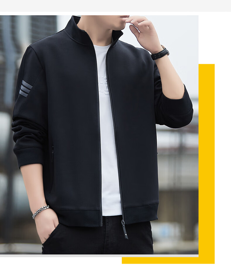 Romon Men's Jacket Spring Business Casual Simple Stand Collar Warm Sweatshirt Executive Outerwear Men's Q06 Black XL 15