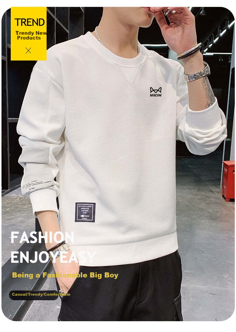 MiiOW Sweatshirt for Men, Spring And Autumn Long-Sleeve T-Shirt, Round Neck Casual Trendy Brand Top, Black, 3XL 2