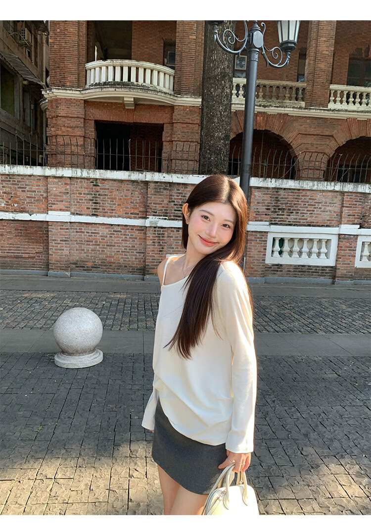 TUCANO Slanted Shoulder Long-Sleeve T-Shirt for Women, Autumn New Style, Elegant Loose Casual High-End Base Shirt Top, White, M 5
